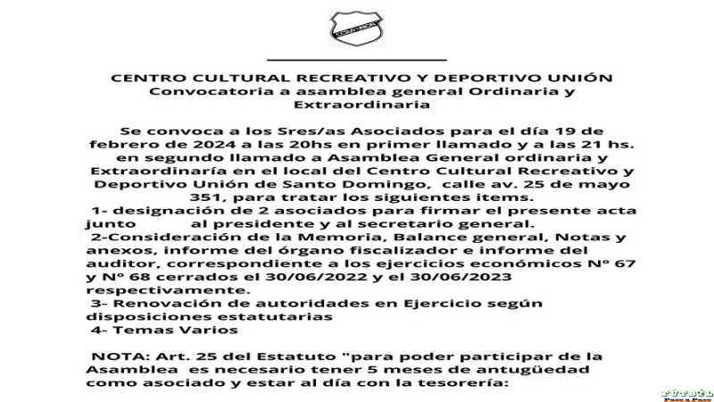 Club Unión Sto Domingo convoca a reunión a los asociados