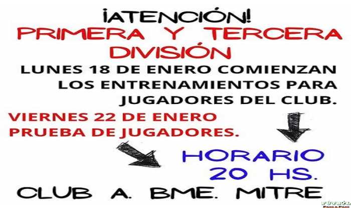 Lunes 18 Club Bme Mitre comenzara con las practicas de 3era y Primera Div