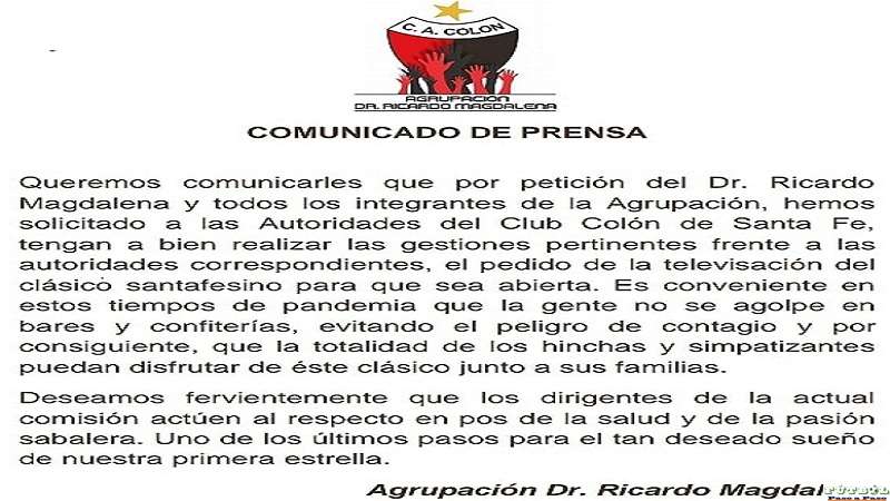 Comunicado a los simpatizantes del Club Colón de Sta. Fe Agrupación Dr. Ricardo Magdalena 