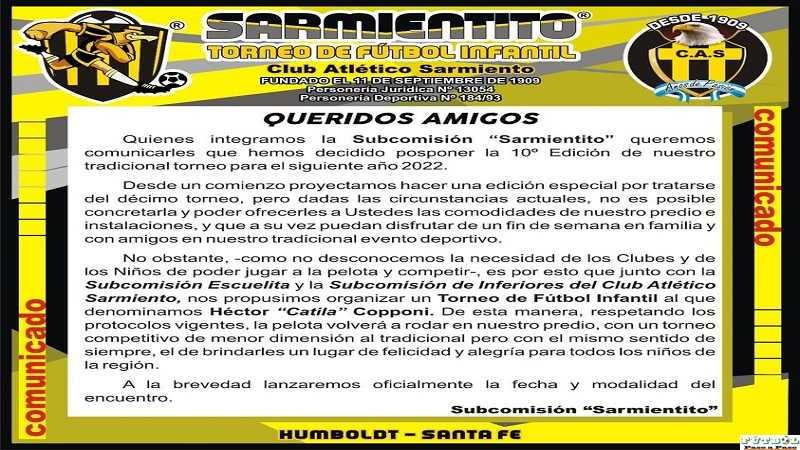 El torneo Sarmientito de Humboldt queda postergado hasta el 2022