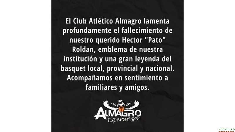 Club Almagro lamenta la perdida de Hector "Pato" Roldan 