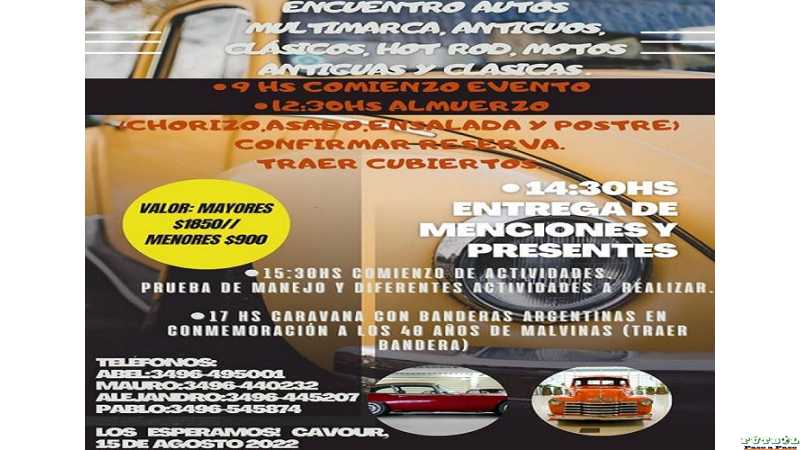 15 agosto en Cavour encuentro de automoviles ,multimarcas,antiguos,clasicos, Hot Rog,motos antiguas
