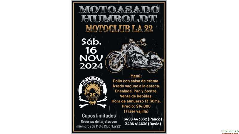 Moto club la 22 de Humboldt invitan a un encuentro sabado 16 de Noviembre