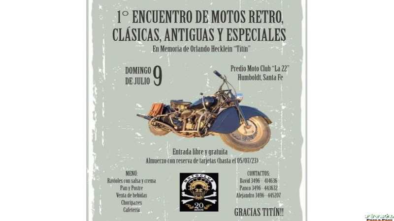 En Humboldt 1° encuentro de motos Retro, Clasicas, Antiguas y Especiales domingo 9 de Julio