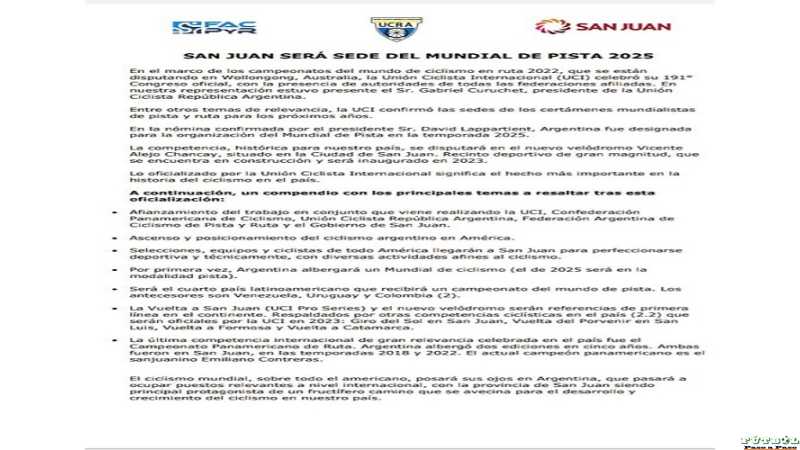 SAN JUAN Sera sede del 1° Mundial de Ciclismo de la Argentina