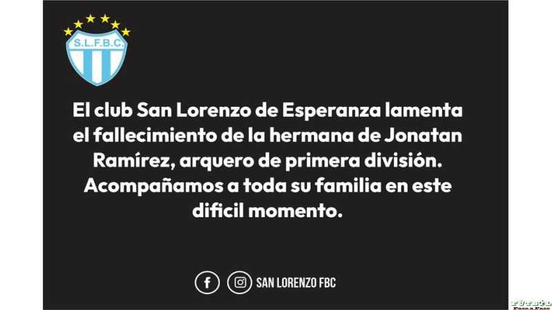 Club San Lorenzo da consuelo a su arquero de 1° Div Jonatan Ramirez por fallecimiento de su hermana