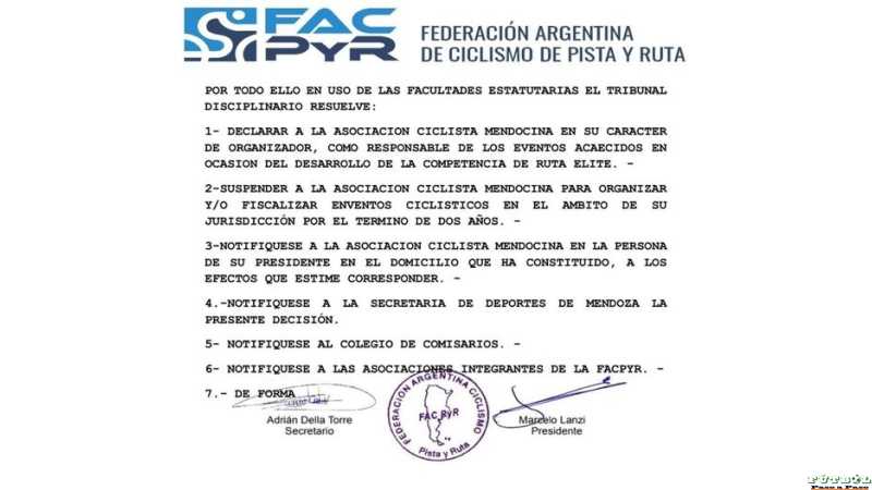 La federación de Ciclismo Argentino suspendio a la Asoc Mendocina