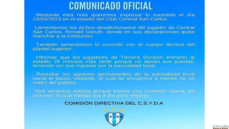 Club Social y Deportivo Argentino de Franck da Comunicado por lo sucedido en cancha de Central San Carlos